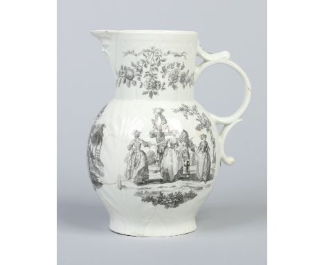 A Worcester cabbage leaf moulded mask jug. Printed in black with the May Day, Rural Lovers and Milk Maids patterns, c1770, 23