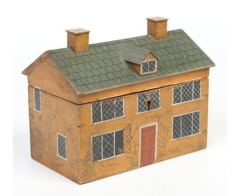 A 19th century tea caddy modelled in the form of a double fronted cottage with pitched roof having two chimney stacks and a c