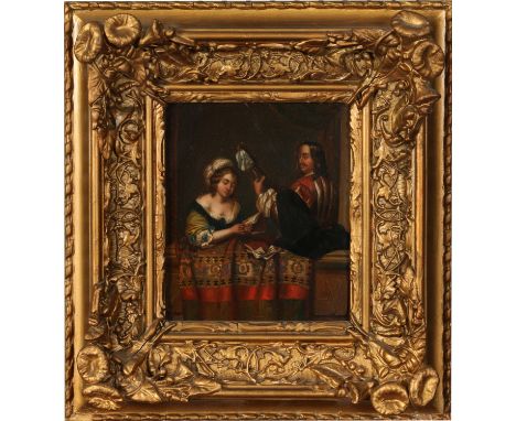 German school after Gaspar Netscher (1639-1684). Small gilt framed oil on tin. Portrait of a courting couple with the gent se