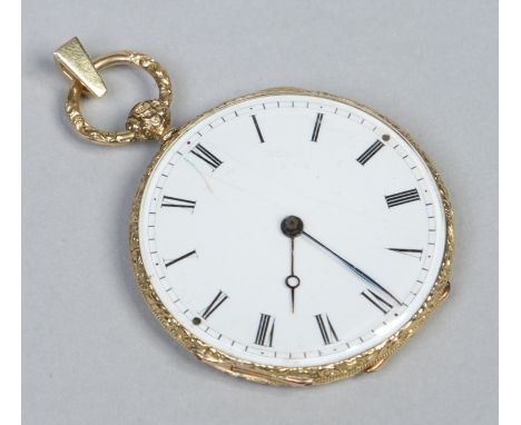 A Swiss yellow metal slim fob watch with ruby cylinder escapement, enamelled to the engraved back plate with flower heads and