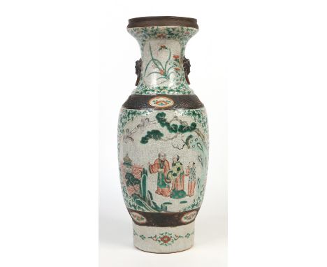 A large Chinese crackle glazed baluster vase. Decorated in the famille vert palette with figures in landscape panels on groun