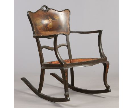 A 19th century Continental Vernis Martin rocking chair. Decorated to the bombe shaped back rest with a courting scene, 88cm. 