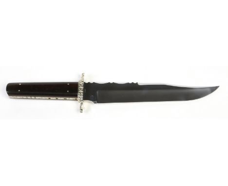 A Bowie knife by Graham Clayton of Sheffield. Having a brass  cross guard and hard wood scales. With filework detail to the b