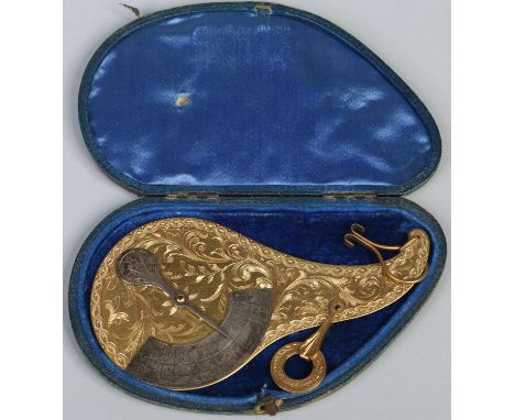 A set of Victorian lacquered brass postal scaled in fitted leather case. With silvered quarter dial and engraved with scrollw