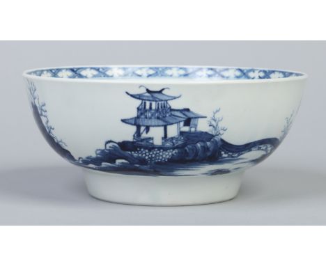 A Worcester punch bowl. Painted in underglaze blue with the Precipice pattern, c1770, 20.5cm diameter. Condition Report. To b