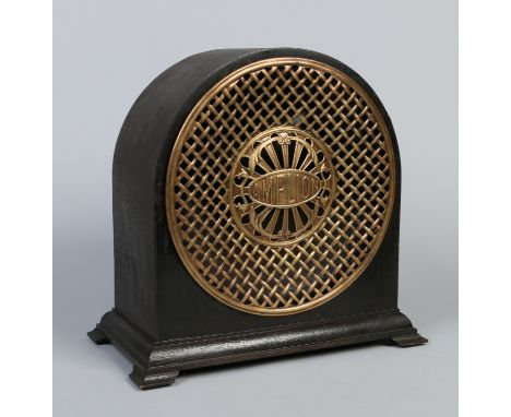 An Art Deco Radio Lux Senior RS 1 M Amplion Alfred Graham radio speaker in dome top oak case, with metal grill and raised on 