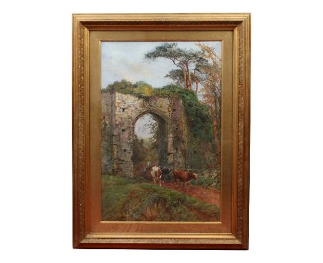 James Lees Bilbie A. R. A. (1860-1945). Large gilt framed  watercolour.  The Old Gate, Winchelsea, Sussex, with a farmer driv