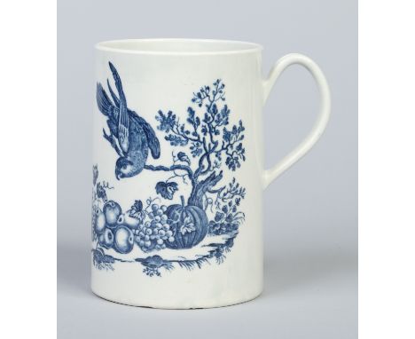 A large Worcester cylindrical porter mug with grooved strap handle. Printed with the Parrot Pecking Fruit pattern. Hatched cr