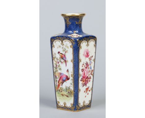 A Staffordshire high shouldered square mantel vase, decorated in the Worcester style with a powder blue ground and tooled gil