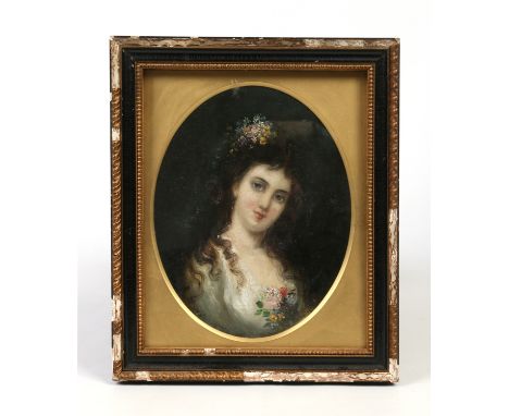 A 19th century gilt framed oil on canvas in oval mount. Portrait of a girl wearing flowers in her hair, 23.5cm x 18.5cm.  Con