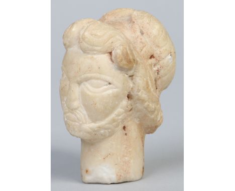 A small Greek carved alabaster portrait bust of a bearded man, possibly from antiquity, 8.5cm. Condition Report. To be used a