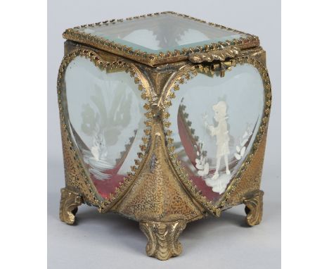 A brass and bevelled glass trinket box with Mary Gregory type enamelled decoration, 10.5cm.  Condition Report. To be used as 