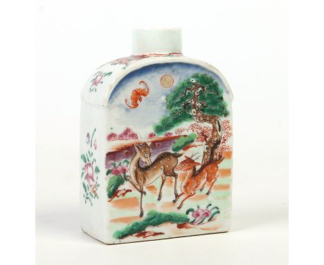 An 18th century Chinese export tea caddy. Painted in coloured enamels to each panel with a pair of deer in a landscape, 12cm.