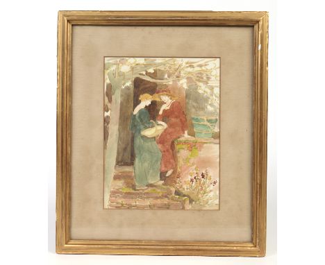 Walter Crane R. W. S. (1845-1915). Unfinished watercolour in gilt frame. Portrait of two women in a doorway. Fine Art Society