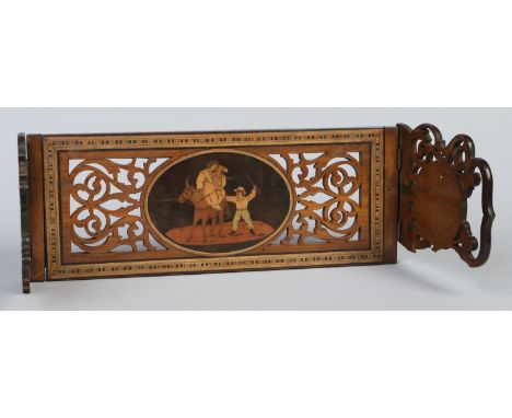 A 19th century Sorento ware olive wood book slide. With open fret carving and three marquetry panels depicting figures, 40cm 