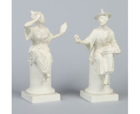 A pair of Royal Worcester bisque figures modelled by A. Azori. "Le Miroir" and "Le Panier". Printed black marks, 30cm. Condit