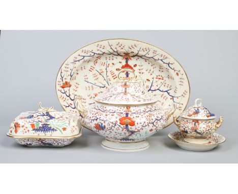 An early 19th century Bloor Derby 68 piece dinner service decorated in the Imari style. Comprising; Soup tureen and cover, sa