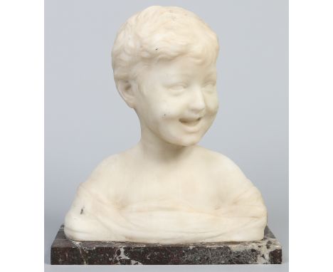 A carved carrera marble bust, portrait of a laughing child raised on a veined grey marble plinth, 35cm. Condition Report. To 