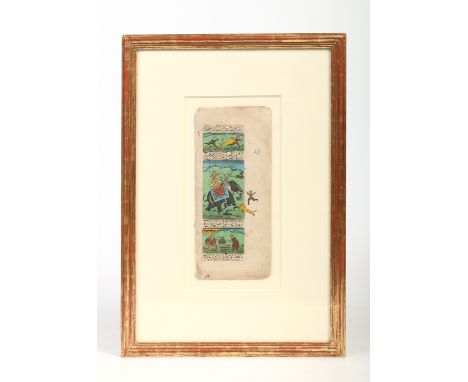 A gilt framed antique Persian manuscript page with text and gouache illustrations along with a similar loose Indian gouache p