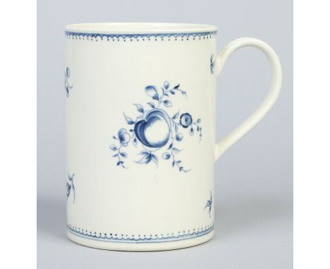A large Worcester cylindrical tankard with grooved strap handle. Painted in underglaze blue with the Fruit Sprays pattern. Op