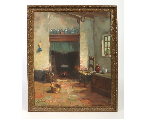 Arnout Van Gilst (Dutch 1898-1942). Gilt framed oil on canvas, kitchen interior with a cauldron over a fire. Signed, 59cm x 4