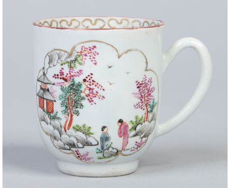 A Worcester coffee cup with plain loop handle. Painted in the Chinese style with the Stag Hunt pattern, c1760, 6.5cm.  Condit