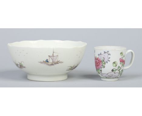 A rare early Bow scallop rimmed bowl. Painted in the famille rose style with a large peony issuing from a rock and a man in a