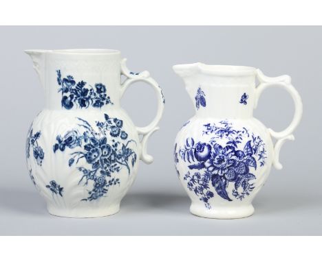 A Worcester cabbage leaf moulded mask jug printed with the Bouquets pattern, crescent mark c1770,  along with a similar Coalp