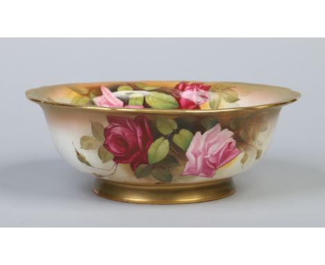 A large Royal Worcester bowl with scalloped rim. Painted by W. H. Austin with roses. Printed puce mark, date code for 1919, 2