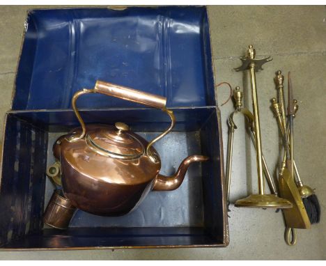 A large copper kettle, copper measure, wine funnel and a brass companion set in a tin trunk **PLEASE NOTE THIS LOT IS NOT ELI