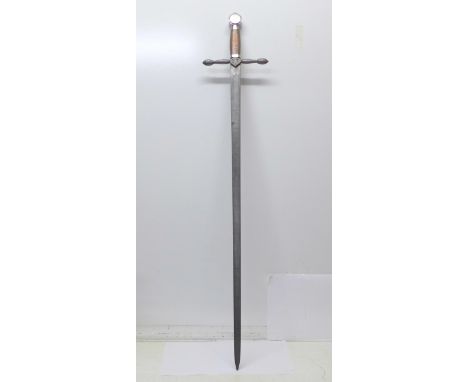 A replica or re-enactment sword, lacking scabbard, blade 90cm 