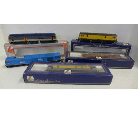 Lima Models OO gauge Railfreight Distribution diesel locomotive and three carriages, boxed, and one loose locomotive, British