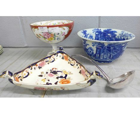 A Mason's Mandalay triangular dish, a Limoges table centrepiece, a blue bowl and a plated ladle **PLEASE NOTE THIS LOT IS NOT