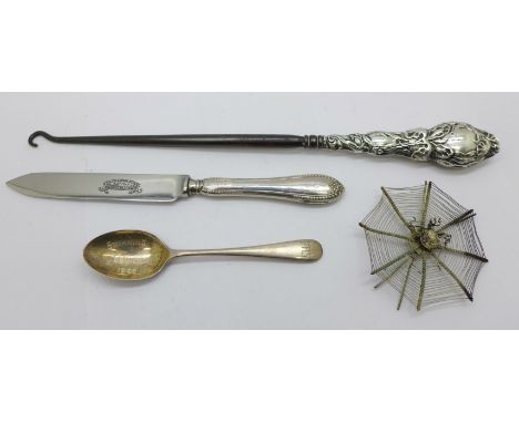 Silver including a spoon and a silver handled button hook 