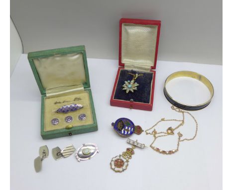 Silver and enamel jewellery including a turquoise and seed pearl pendant and chain 