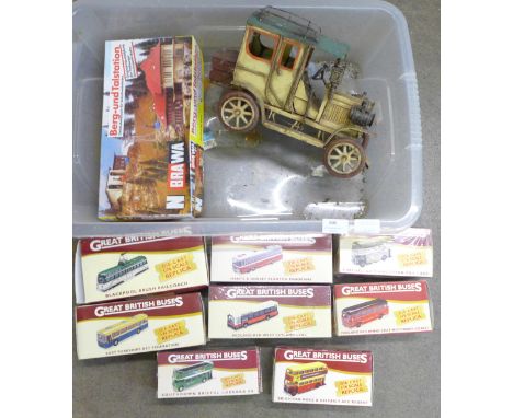 A pressed steel model of a vintage car, eight Great British Buses, boxed and a Brawa Berg-und Talstation, boxed 