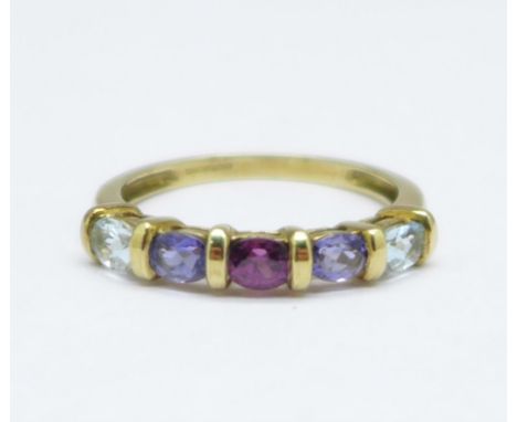 A 9ct gold and multi-coloured stone set ring, 2.1g, O 