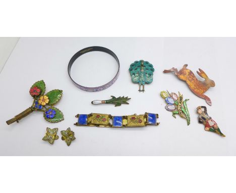 Enamel jewellery; a Sioam silver and enamel peacock brooch, a Michaela Frey enamel bangle, etc. 