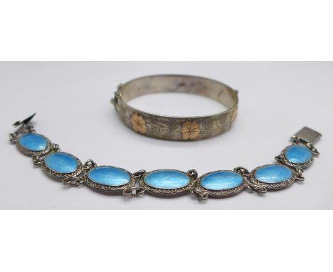 A silver and enamel bracelet, 18cm and a silver bangle with applied gold decoration