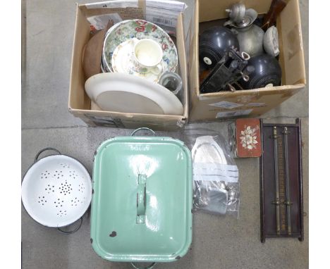 An enamel bread bin, colander and other items including bowling woods, chamber pot, etc. **PLEASE NOTE THIS LOT IS NOT ELIGIB