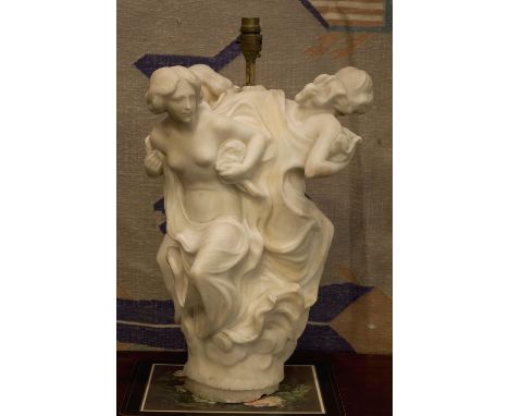 TABLE LAMP, in the form of three Classical carved maidens, alabaster, 47cm H x 32cm W. (with faults)