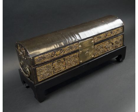 CHINESE LACQUER SCROLL BOX, with domed top, on stand, 46cm x 15cm x 22cm H overall. (with faults)