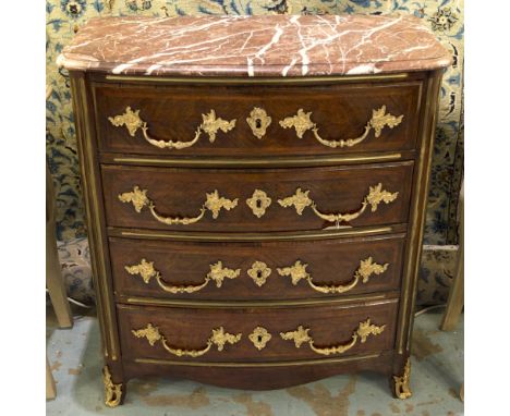 COMMODE, French Régence design rosewood, kingwood crossbanded and gilt metal mounted with variegated rossatta marble and four