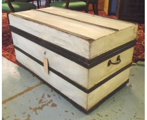 FRENCH NAVAL TRUNK, 19th century camphorwood and teak and stitched canvas covered and buttoned, 97cm W x 52cm D x 52cm H.