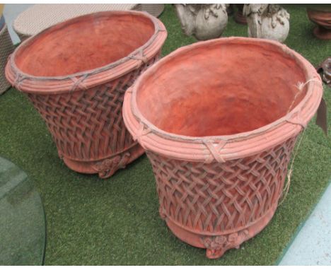 GARDEN PLANTER URNS, a pair, 19th century lattice style, weathered finish, 55cm H x 55cm diam. (2)