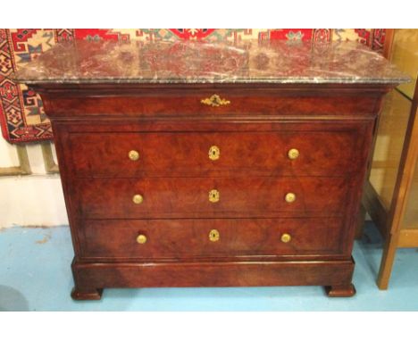 COMMODE, 19th century French Louis Philippe figured walnut with four long drawers and grey veined St Anne's marble, 126cm x 5