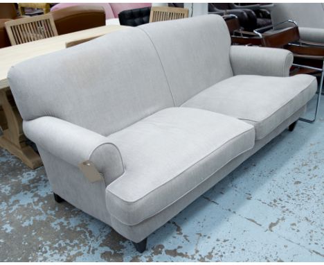 CALGARY SOFA, by Robert Langford (retailed at £3000), three seater, with grey upholstery, on short tapered supports, 207cm x 