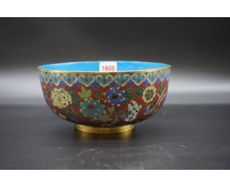 An antique Chinese cloisonne enamel bowl,&nbsp;20.5cm diameter, (extensive restoration to interior).&nbsp; 