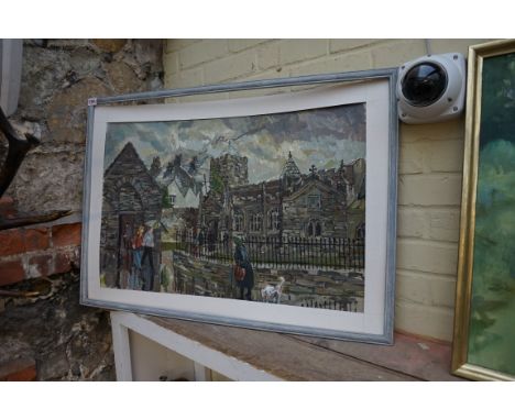 R Ray, 'St Cybi's Church, Holyhead', signed and dated '94, acrylic on card, 49.5 x 75cm.&nbsp; 