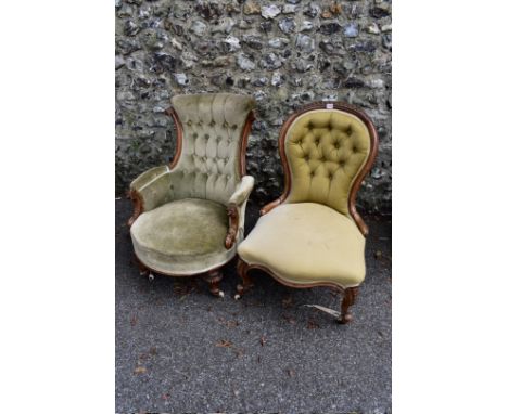 A Victorian button upholstered tub chair; together with a Victorian walnut nursing chair and a trumpet work table.&nbsp; 